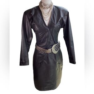 Sexy Vintage 1980’s All Black Leather Bodycon Dress (t20/B36)
